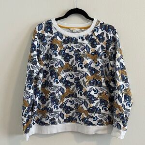 Boden Tiger Blue and Gold Floral Sweater